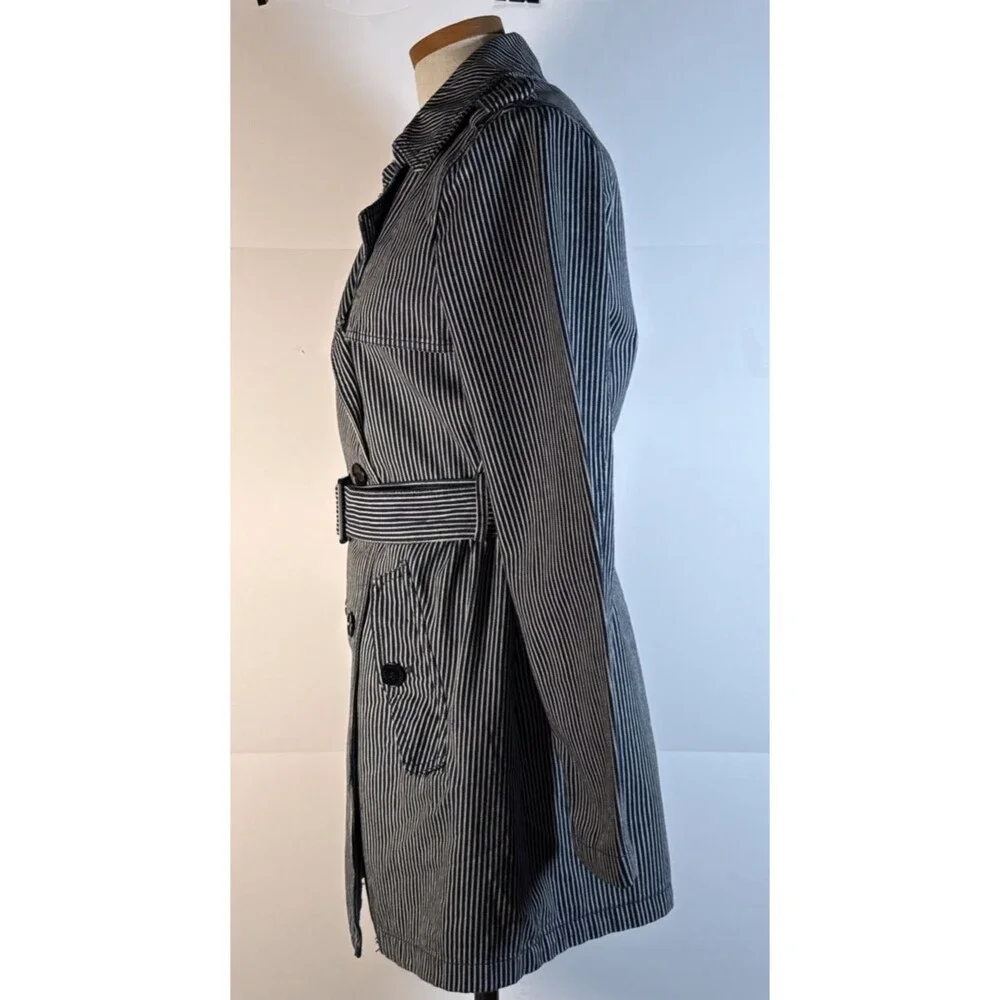 LAUREN Ralph Lauren blue striped denim double-breasted trench coat Small Spring